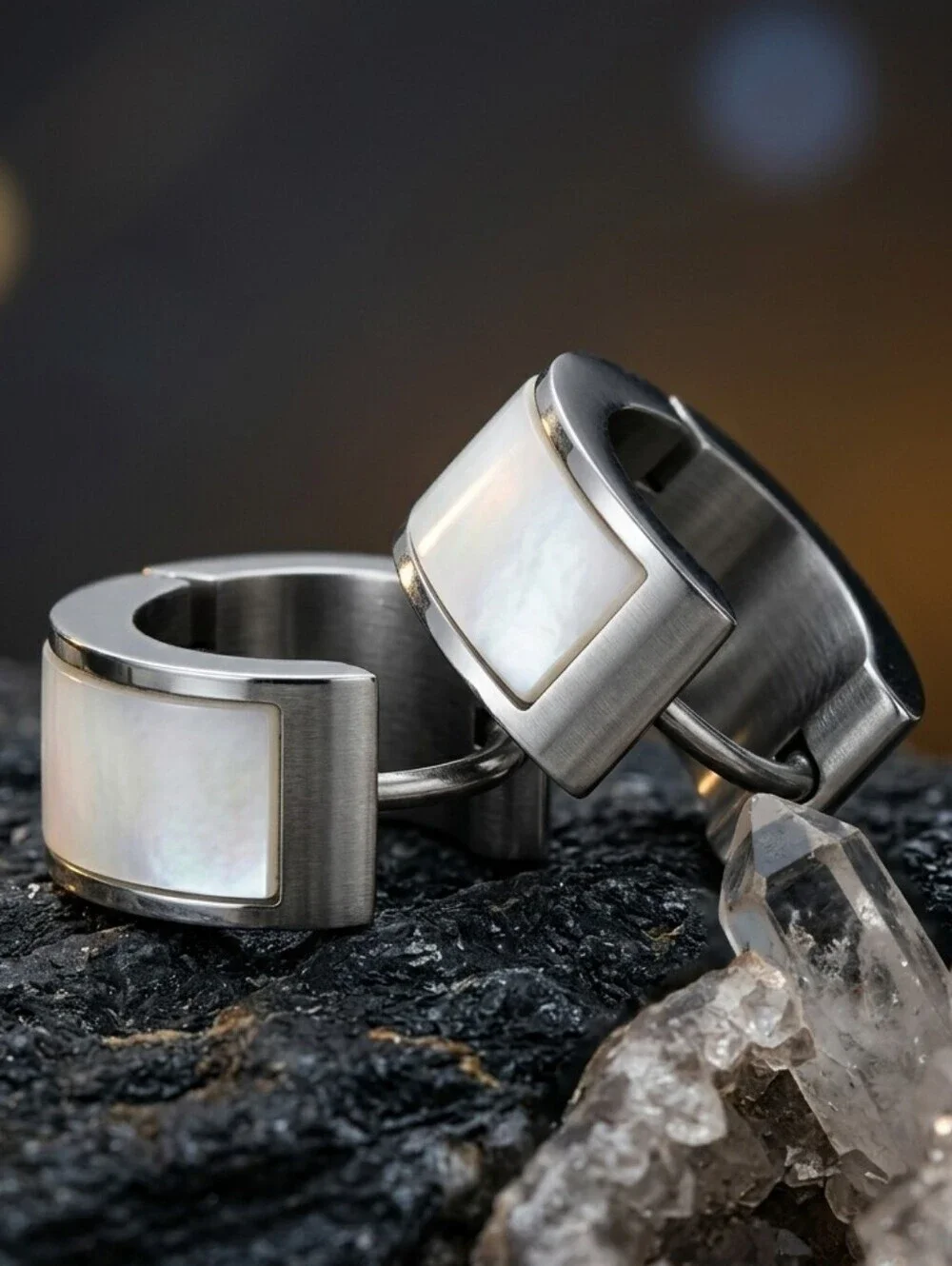Quiet Luxury Mother of Pearl Stainless Steel Huggie Hoop Earrings Silver 0.5